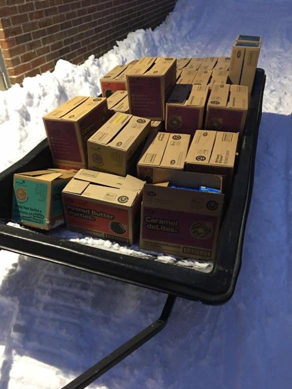 Hmmmm - sweet 9-year-old Kaylee (Tracy and Gabe;s daughter) sold 39 8 cases (that's 464 boxes) of Girl Scout cookies this year. Thank goodness the snow fell, and they can deliver all these by snowmobile!